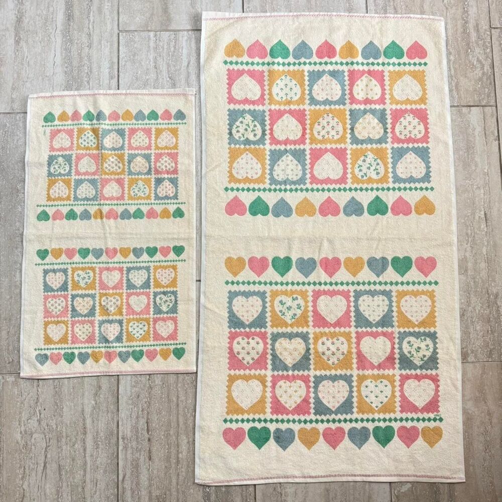 Vintage 80s Country Hearts Towel Set Pastel Cottagecore Grandmacore Bath Decor